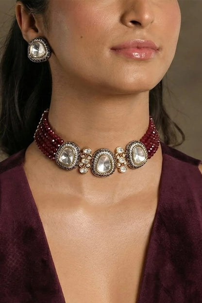 Gold Finish Red Stone Necklace Set