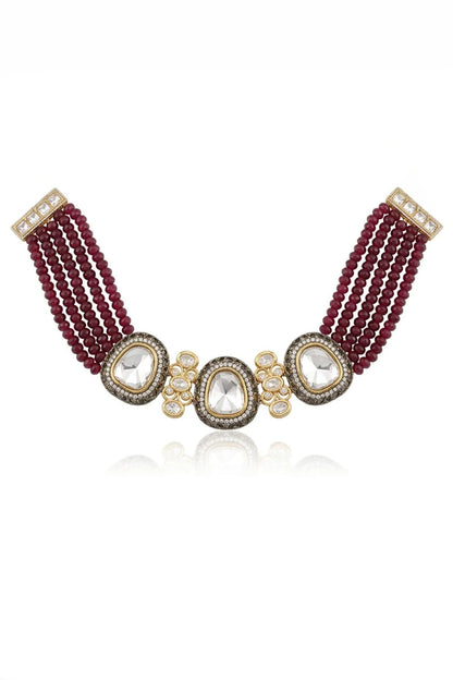 Gold Finish Red Stone Necklace Set