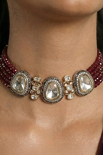Gold Finish Red Stone Necklace Set