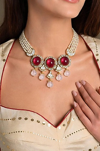 Gold Finish Red Stone Necklace Set