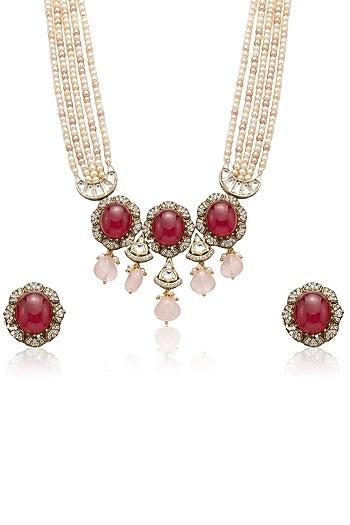 Gold Finish Red Stone Necklace Set
