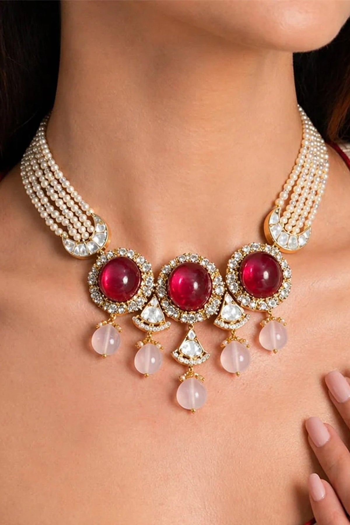 Gold Finish Red Stone Necklace Set