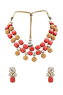Gold Finish Carved Bead Necklace Set