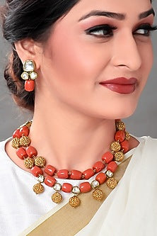 Gold Finish Carved Bead Necklace Set
