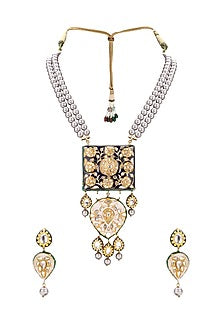 Gold Finish Shell Pearls Meenakari Necklace Set
