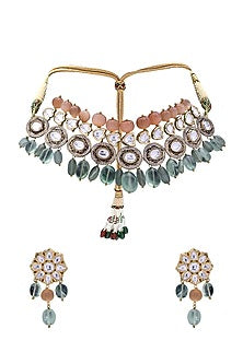 Gold Finish Blue Enameled Necklace Set