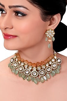 Gold Finish Blue Enameled Necklace Set