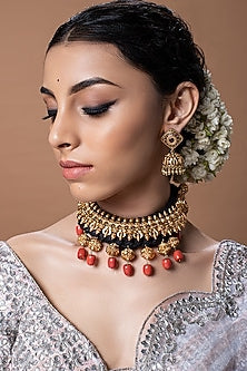 Gold Finish Coral Beaded Temple Necklace Set