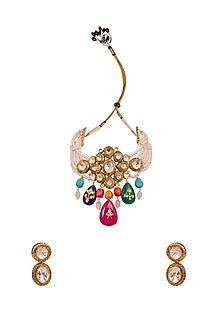 Gold Finish Pearl & Kundan Polki Choker Necklace Set