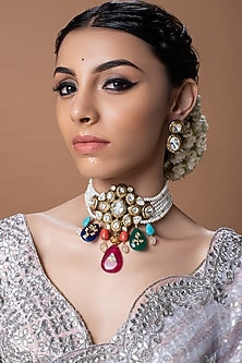 Gold Finish Pearl & Kundan Polki Choker Necklace Set
