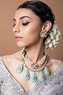 Gold Finish Kundan Polki & Turquoise Drop Necklace Set