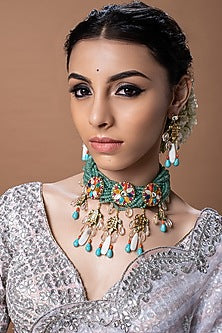 Gold Finish Green Agate Beaded Necklace Set