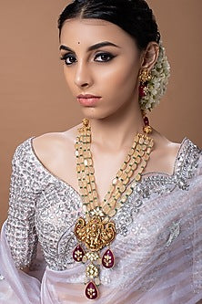 Gold Finish Jade Beaded Temple Necklace Set