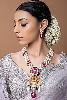 Gold Finish Kundan Polki & Pearl Temple Necklace Set