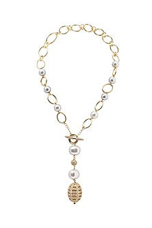 Gold Finish Shell Pearl & Cubic Zirconia Necklace