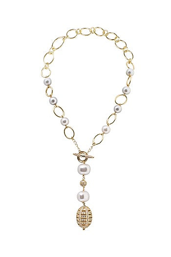 Gold Finish Shell Pearl & Cubic Zirconia Necklace