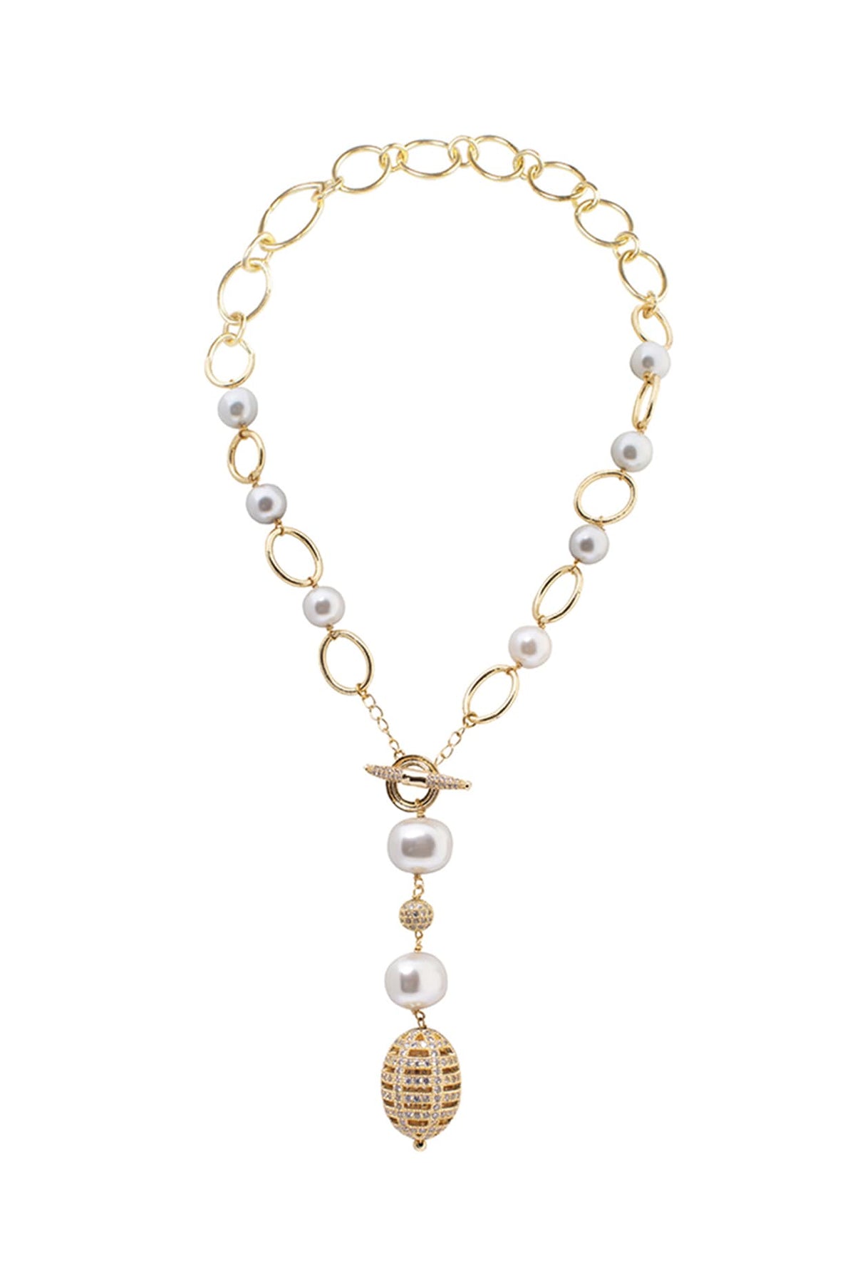 Gold Finish Shell Pearl & Cubic Zirconia Necklace