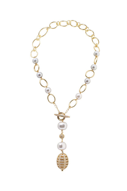 Gold Finish Shell Pearl & Cubic Zirconia Necklace