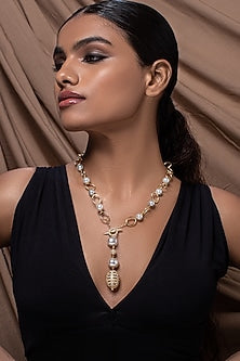 Gold Finish Shell Pearl & Cubic Zirconia Necklace