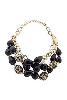 Gold Finish Black Onyx Drop & Pearl Necklace