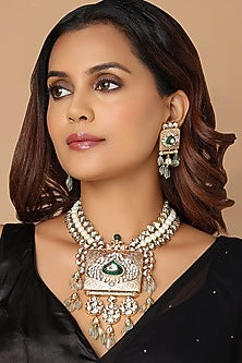 Gold Finish Mint Stone & Hydro Polki Necklace Set