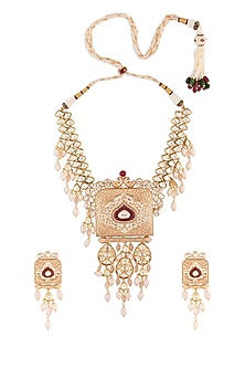 Gold Finish White Stone & Hydro Polki Necklace Set