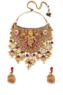 Gold Finish Red Agate Beaded Temple Necklace Set