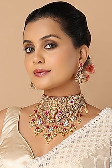 Gold Finish Red Agate Beaded Temple Necklace Set