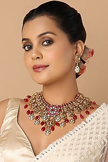Gold Finish Hydro Ruby Temple Necklace Set