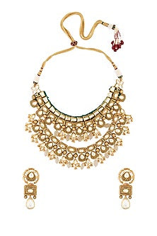 Gold Finish Mint Stone Multi-Layered Choker Necklace Set