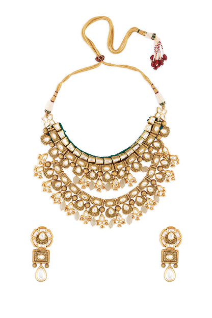 Gold Finish Mint Stone Multi-Layered Choker Necklace Set