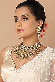 Gold Finish Mint Stone Multi-Layered Choker Necklace Set