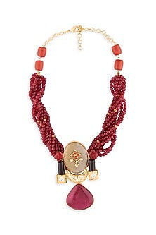 Gold Finish Red Onyx Beaded Necklace