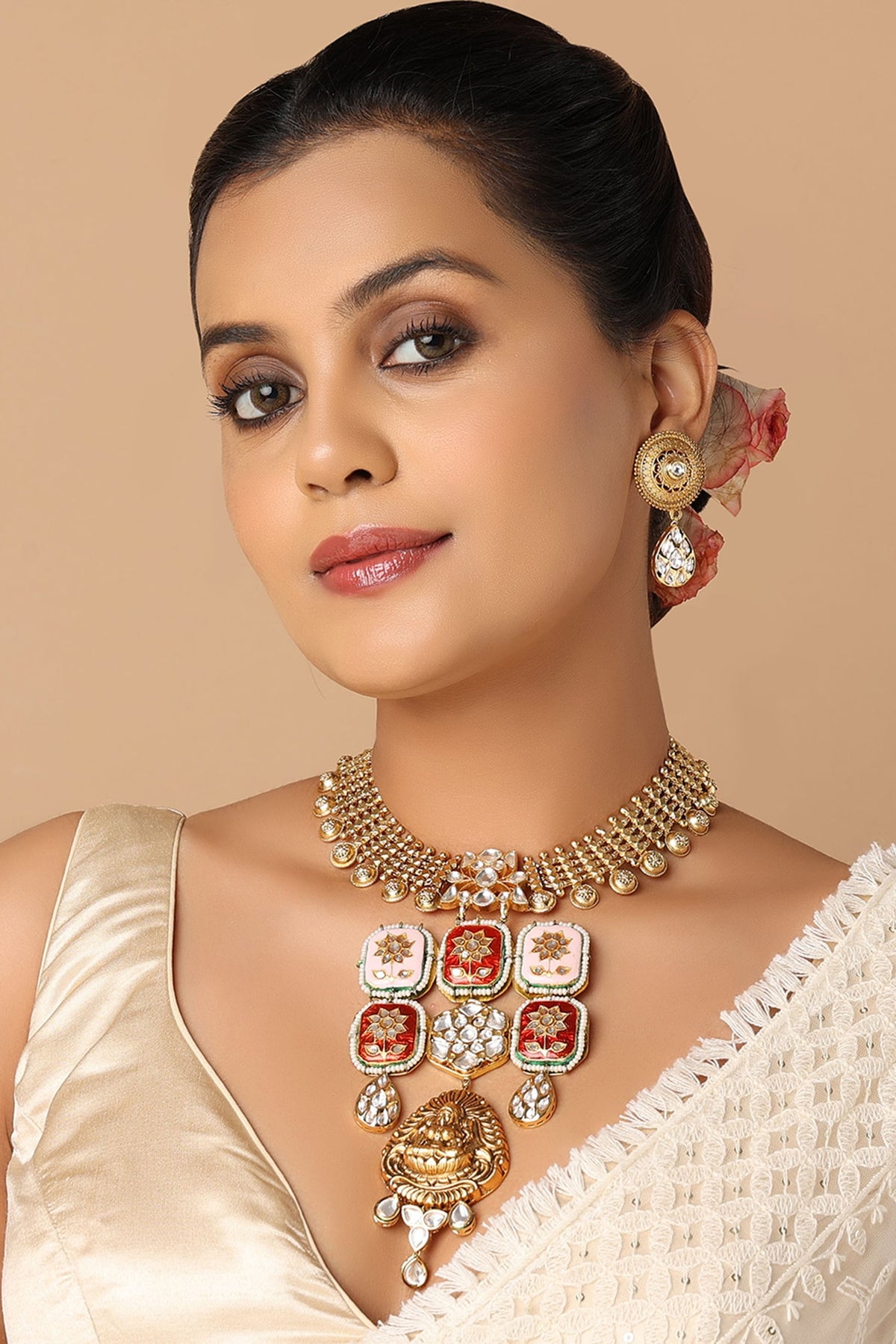 Gold Finish Meenakari Temple Necklace Set