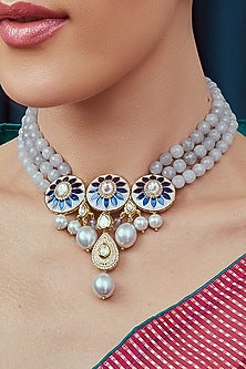 Gold Finish Kundan Polki & White Beaded Necklace