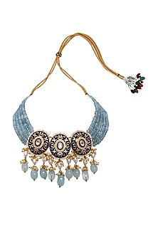 Gold Finish Enameled Necklace With Kundan Polki