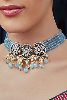 Gold Finish Enameled Necklace With Kundan Polki