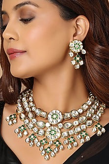 Gold Finish Green Onyx Necklace Set