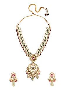 Gold Finish Red & Green Jade Drop Long Necklace Set