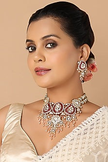 Gold Finish Red Onyx Stone Choker Necklace Set