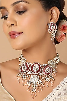 Gold Finish Red Onyx Stone Choker Necklace Set