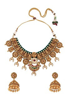 Gold Finish Red Onyx Oval Temple Necklace Set