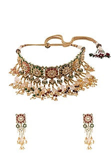 Gold Finish Navratna Stone Choker Necklace Set