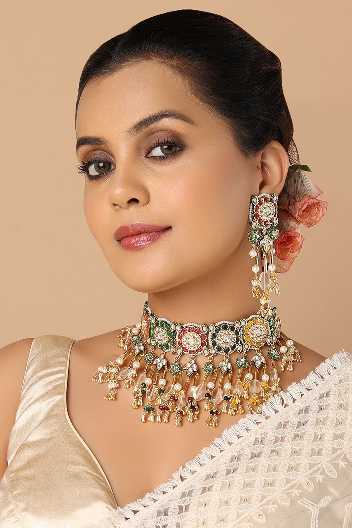 Gold Finish Navratna Stone Choker Necklace Set