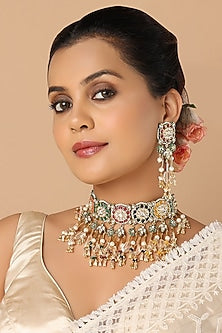 Gold Finish Navratna Stone Choker Necklace Set