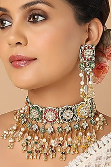 Gold Finish Navratna Stone Choker Necklace Set