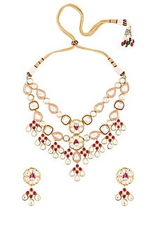 Gold Finish Red Stone Multi-Layered Choker Necklace Set