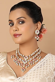 Gold Finish Red Stone Multi-Layered Choker Necklace Set