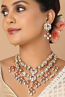 Gold Finish Red Stone Multi-Layered Choker Necklace Set