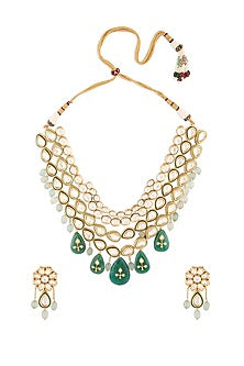 Gold Finish Green Onyx Enameled Necklace Set